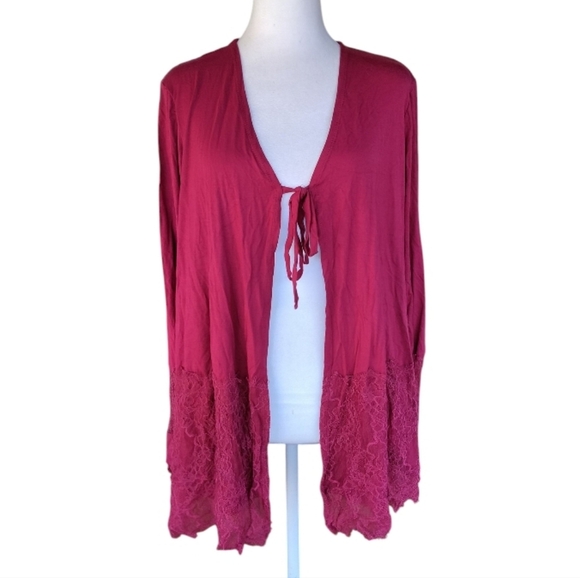 Logo by Lori Goldstein Burgundy Red Tie Front Cardigan With Lace Details Large - Picture 1 of 8